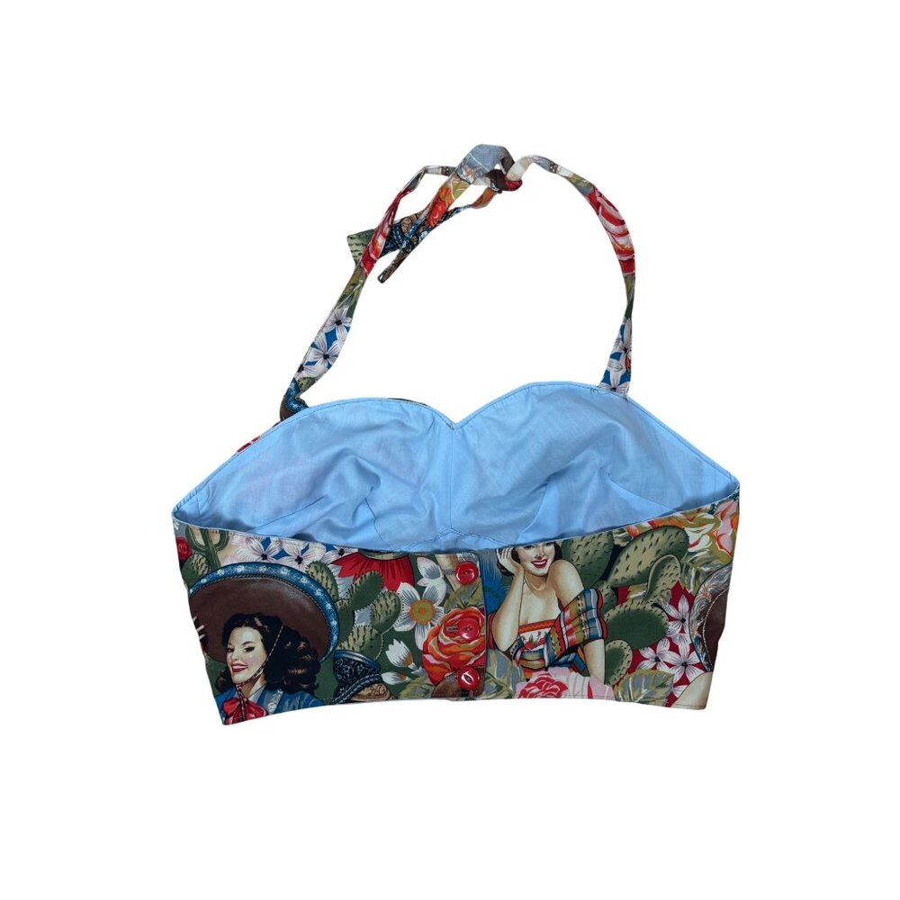 M Pin-Up Style Floral Halter Crop Top With Colorful Retro Print Pom Pom Detail - Picture 2 of 2